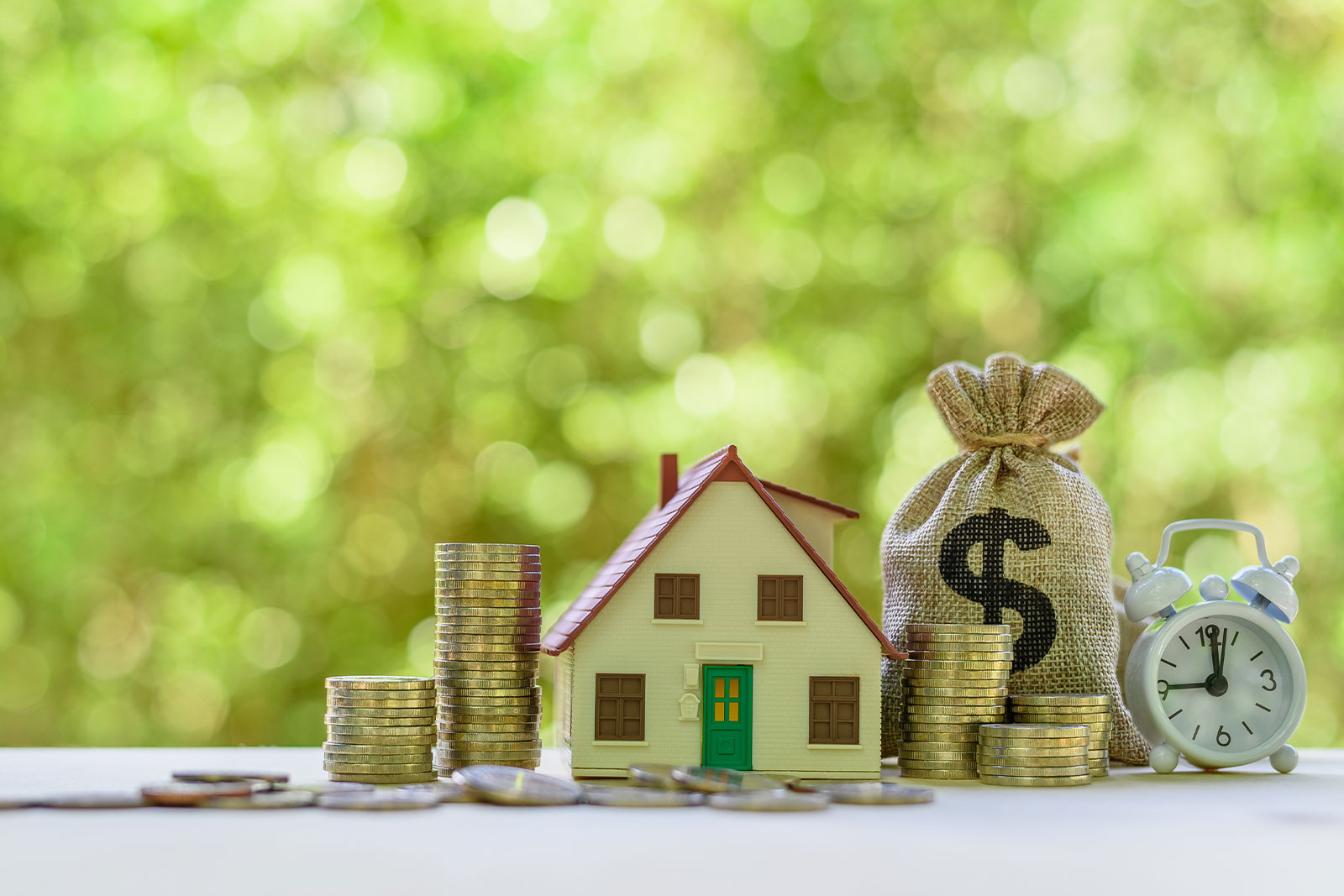 Image of a plastic house with money surrounding it